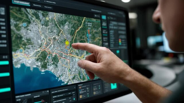 User interacts with interactive map on screen displaying traffic and geographic information in urban area
