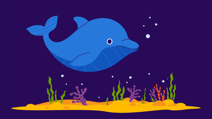 Cute Dolphin with algae and coral on seabed on dark blue background. Vector illustration. Kids collection