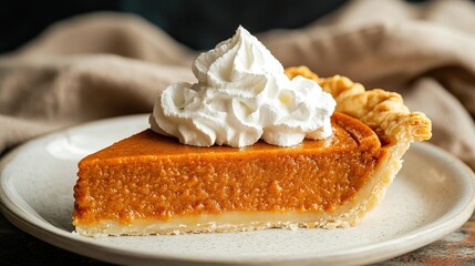 A slice of pumpkin pie with a generous dollop of whipped cream sits on a plate, showcasing its warm, spiced filling and flaky crust against a dark, rustic background
