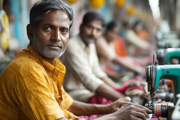 Fototapeta premium Indian man stitching fabric at a busy textile factory while surrounded by fellow workers engaged in sewing tasks