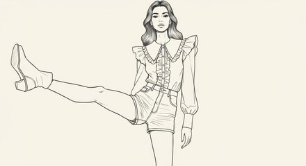 Fototapeta premium Line Drawing of Woman in Collared Blouse and High-Waisted Shorts