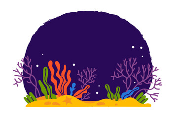 Tropical Sea Plants, seaweed, Coral and sandy seabed on dark blue background. Underwater landscape. Vector illustration