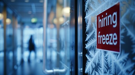 Frozen office door with No Entry sign covered in frost, symbolizing hiring freeze and corporate restrictions, workplace access denied concept.