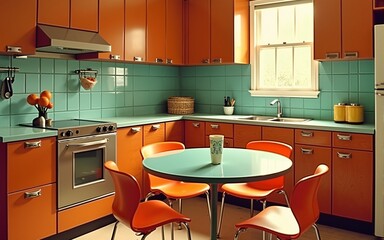 Retro Kitchen Charm: A vintage kitchen with warm brown cabinets, teal tile backsplash, and a round table set with orange chairs.  A perfect blend of retro style and functionality. High quality