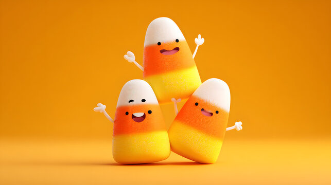 Stacked candy corn pieces with cartoon faces and little arms waving in the air