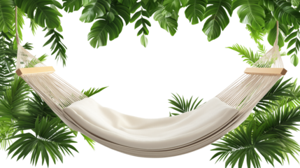 Hammock icon in 3D with tropical leaves in background, beach nap theme, white background, PNG 