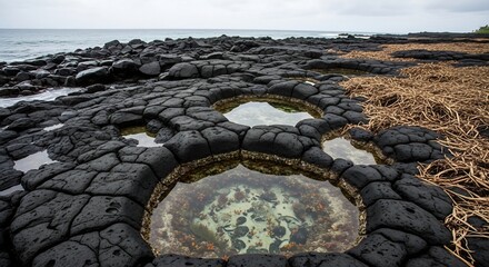 Unique Hawaiian Coastline: Black Lava Rock Pools and Ocean Seascape Photography