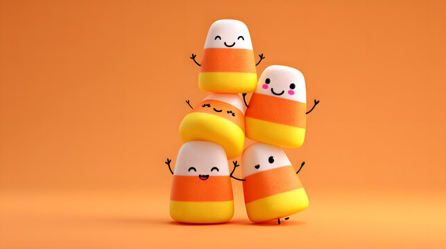 Stacked candy corn pieces with cartoon faces and little arms waving in the air