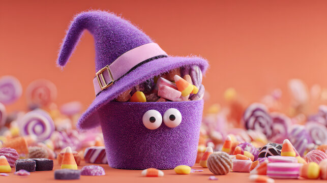 A bright purple witch hat bucket overflowing with candy, with playful candy eyes peeking out from inside