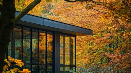 A modern glass structure nestled in autumnal foliage. The vibrant colors of fall enhance the beauty of contemporary design. Nature elegantly surrounds the architectural marvel. Generative AI