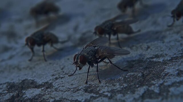 Cluster of Houseflies Gathering on a Textured Surface, Revealing Intricate Details
