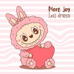 Cute Pink Monster Toy with Heart. Cool card with Funny kawaii Fluffy Character on Groovy Distorted Stripe Background. Vector illustration. Kids collection for sticker, mascot and design