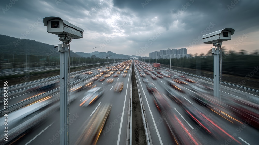 Poster surveillance cameras monitor traffic along a multi-lane highway filled with vehicles during an overc