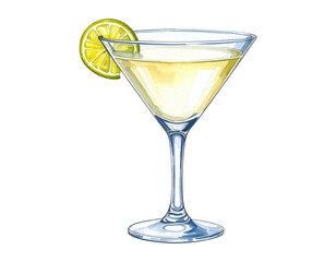 Watercolor illustration of a classic martini cocktail. Cocktail drink watercolor illustration on transparent background.