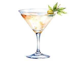 Watercolor illustration of a classic martini cocktail. Cocktail drink watercolor illustration on transparent background.