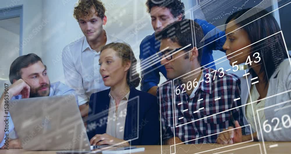 Poster Office team gathering around laptop initiating digital chart overlays while analyzing business data