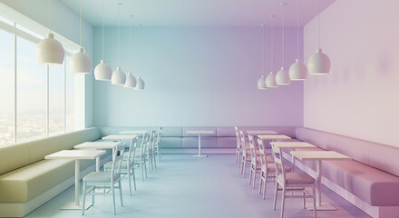 Pastel Hues in a Minimalist Interior Featuring Tables and Spherical Lamps