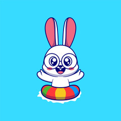Cute Cartoon Bunny with Inflatable Ring Enjoying Summer Holiday