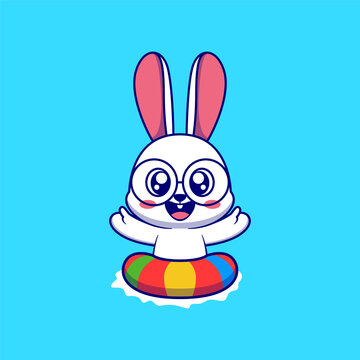 Cute Cartoon Bunny with Inflatable Ring Enjoying Summer Holiday