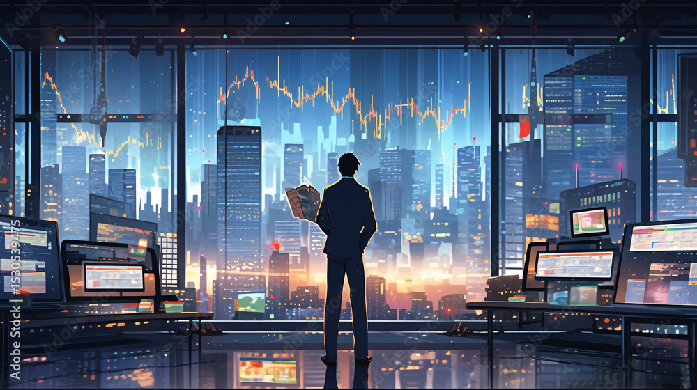 Poster man looking at city skyline with stock market graph and computer monitors in office setting at night