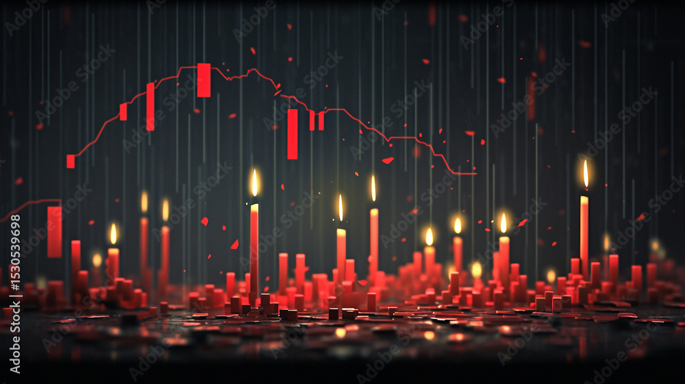 Poster red candles and a stock market crash line graph on a dark background with falling red particles