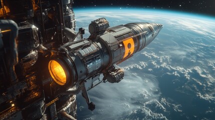 A futuristic spacecraft hovers near Earth. The design showcases advanced technology and cosmic exploration. A journey to the stars awaits us. Generative AI