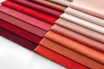Colorful fabric swatches arranged in gradient from dark red to soft peach, perfect textile samples for fashion, design, and creative material choices