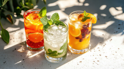 Assortment of refreshing summer drinks served in glasses filled with crushed ice, garnished with citrus slices. Concept of tropical cocktails, summer hydration, and seasonal beverage celebration.