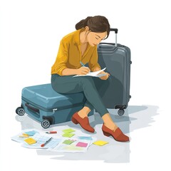 Woman planning travel trip sitting on luggage writing checklist for vacation packing list and travel itinerary