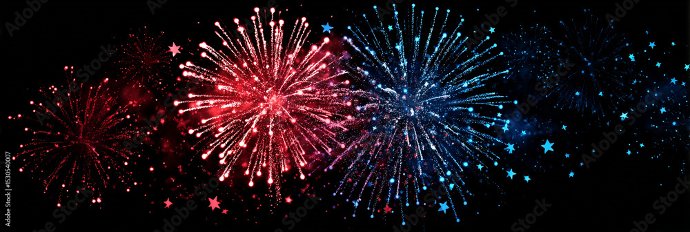 Poster a display of red and blue fireworks exploding in the night sky with star shaped light particles