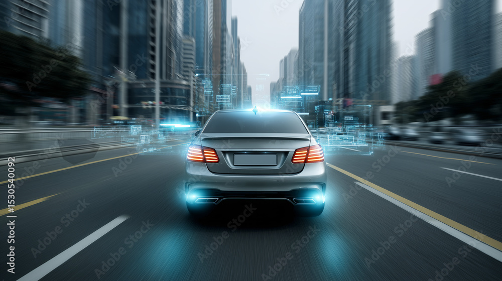 Leinwandbilder a futuristic vehicle drives through a busy urban landscape with smart traffic recognition technology