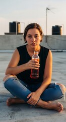 Woman Drinking Juice on Rooftop: Portrait of Young Adult Enjoying a Beverage