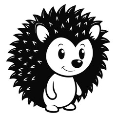 Adorable spiky black hedgehog stands, rendered in monochrome cartoon style on a white background