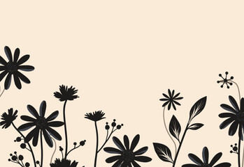 Black silhouettes of flowers and plants against a light background with copy space