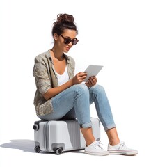 Woman sitting on suitcase using tablet for travel planning and online booking for summer vacation trip