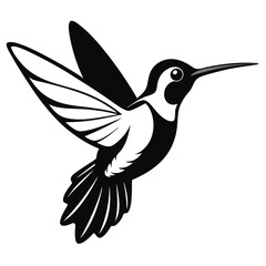 A stylized monochrome hummingbird hovers with its wings spread wide in this artwork