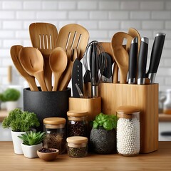 Natural kitchen with bamboo container tools high resolution image