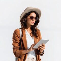Woman using tablet wearing hat and sunglasses in sunlight for travel and lifestyle photography