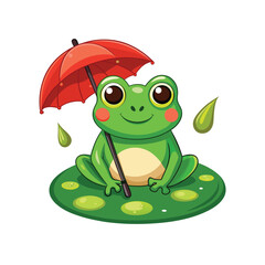 Green frog with big red eyes holds a umbrella sitting on moss in Rain. Clean vector art style, perfect for nature & Summer themed prints, kid's products, playful character branding and T-shirt Design.