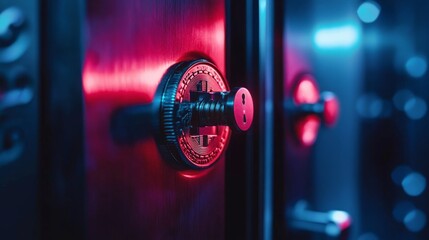 A close-up shot of a safe knob illuminated by vibrant neon lights. The blend of colors creates a mysterious atmosphere. Unlock secrets and treasures with this striking image. Generative AI