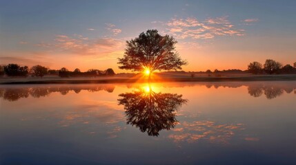 Obraz premium Serene Sunrise: Tree Silhouette Reflected in Calm Waters