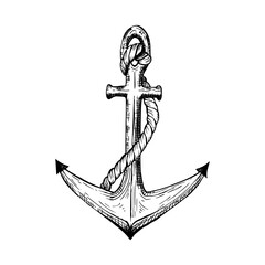 A maritime anchor wrapped in a thick rope. Black and white hand drawn vector illustration. Graphic sketch in line art style. Isolated on white background. Ideal for marine or vintage themed designs.