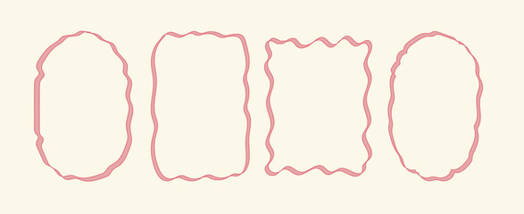 Set doodle hand drawn pink red ribbons frame collection. Trendy retro vintage whimsical coquette style for wedding invitations, birthday card, prints. Minimalist simple cute design vector.