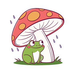 Adorable green frog sits peacefully under a giant mushroom umbrella in the rain. Clean, playful vector art style. Ideal for kids' designs, Summer theme, eco-themed prints, whimsical nature branding.