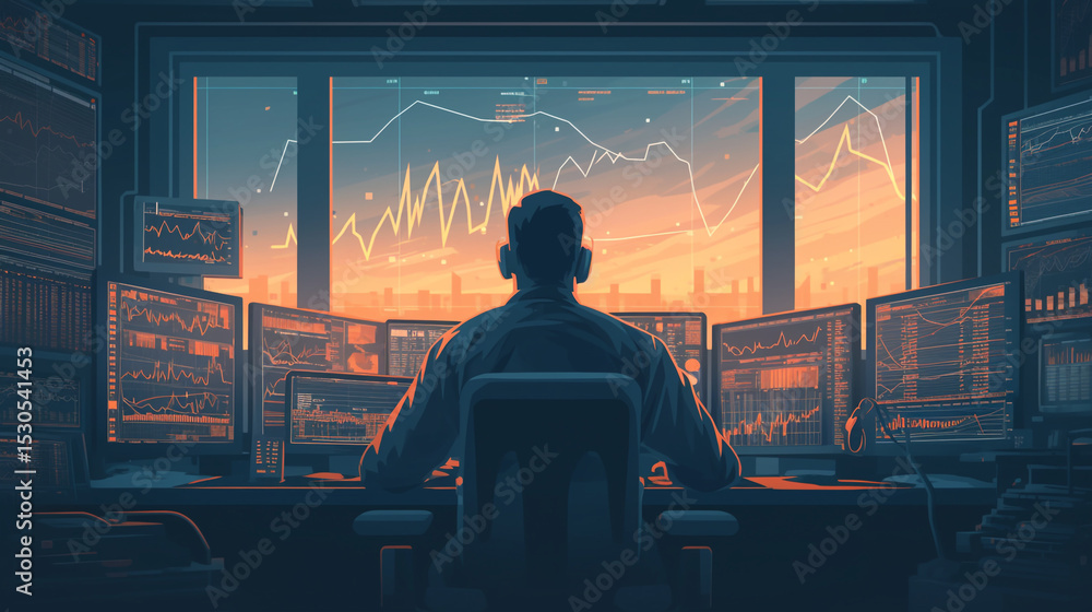 Poster a man sits at a desk surrounded by computer monitors displaying stock market data and charts at suns