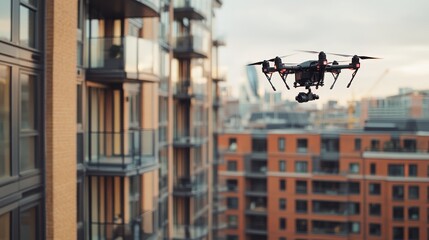Aerial view of a modern drone flying near urban residential buildings. Innovative technology meets the cityscape. Discover the future of aerial photography. Generative AI