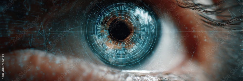 Poster macro view of a pupil featuring biometric id ring animation in a high-tech design setting
