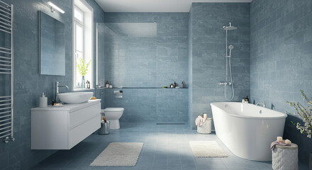Serene bathroom interior with modern fixtures and light blue stone tiling