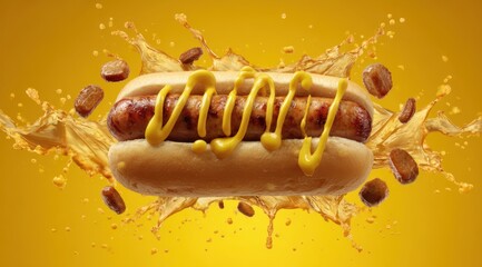 A perfectly grilled hot dog rests in a soft bun as bright yellow mustard is splashed onto it. The lively atmosphere captures the fun of a summer barbecue. Delicious and visually appealing