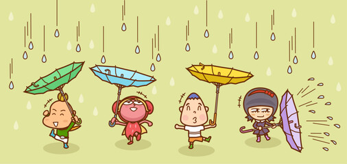 雨の中みんなで傘をひっくり返して遊ぶキッズたちのイラスト／Illustration of kids playing in the rain with umbrellas turned upside down